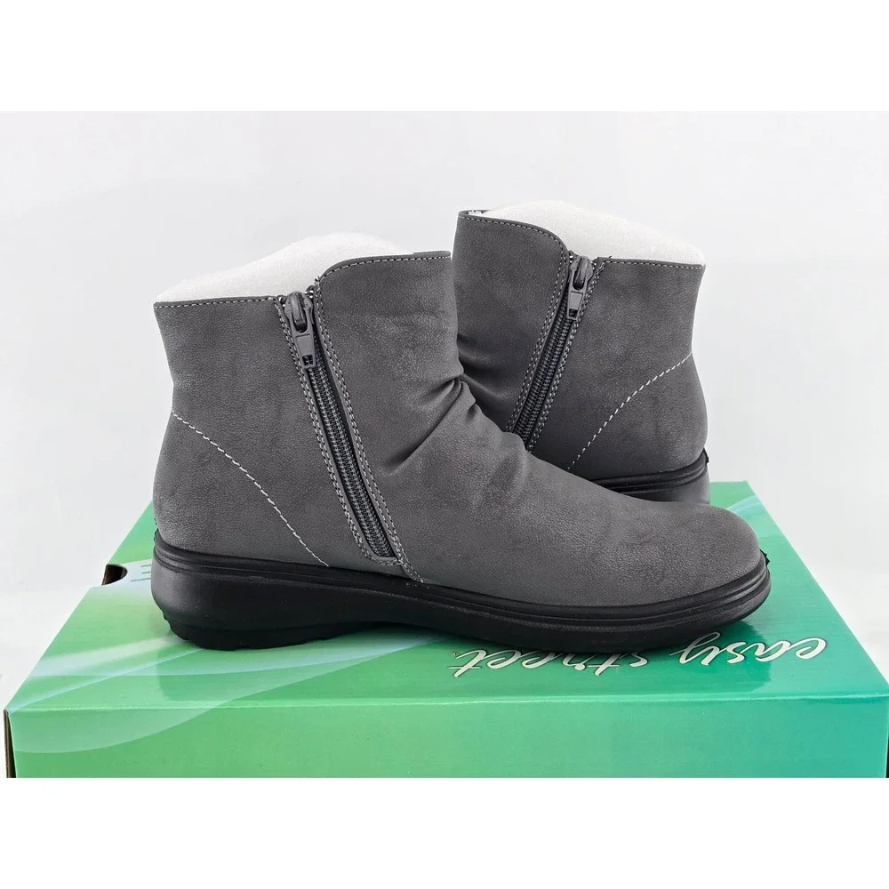 Easy Street Lyra Ankle Boots Women 5.5 Grey Matte Ruched Side Zip - New